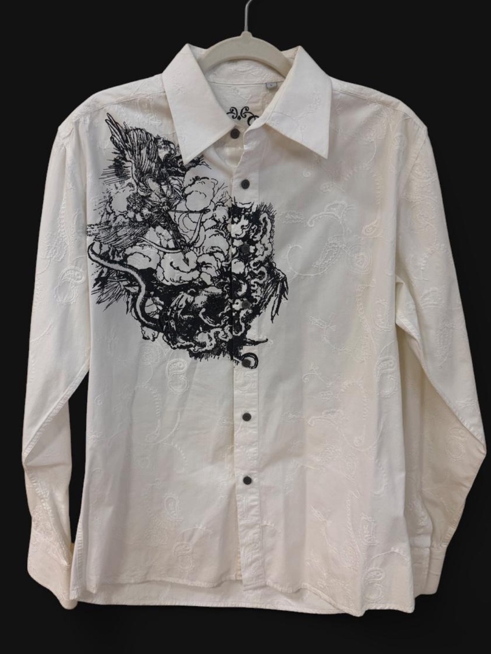 White Long-Sleeve Shirt with Black Floral Graphic